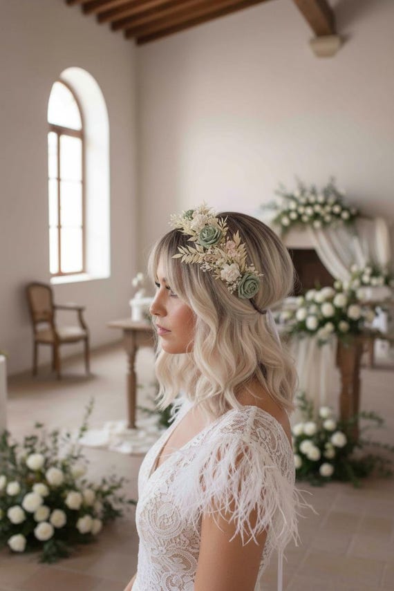 Aqua Green Flower Crown: Handmade Bridal Wreath With Blush  display picture 1