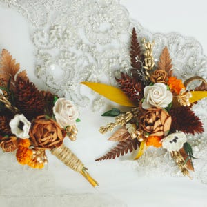 Rust, Orange and Gold Boutonniere & Corsage Set | Fall Wedding Floral Accessories | Groom, Bridesmaid, Prom