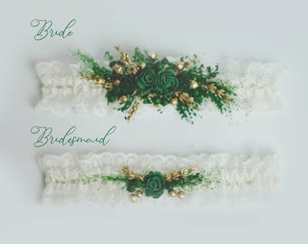 Emerald Garter Set – Green & Gold Bridal and Bridesmaid Garters Handmade Lace