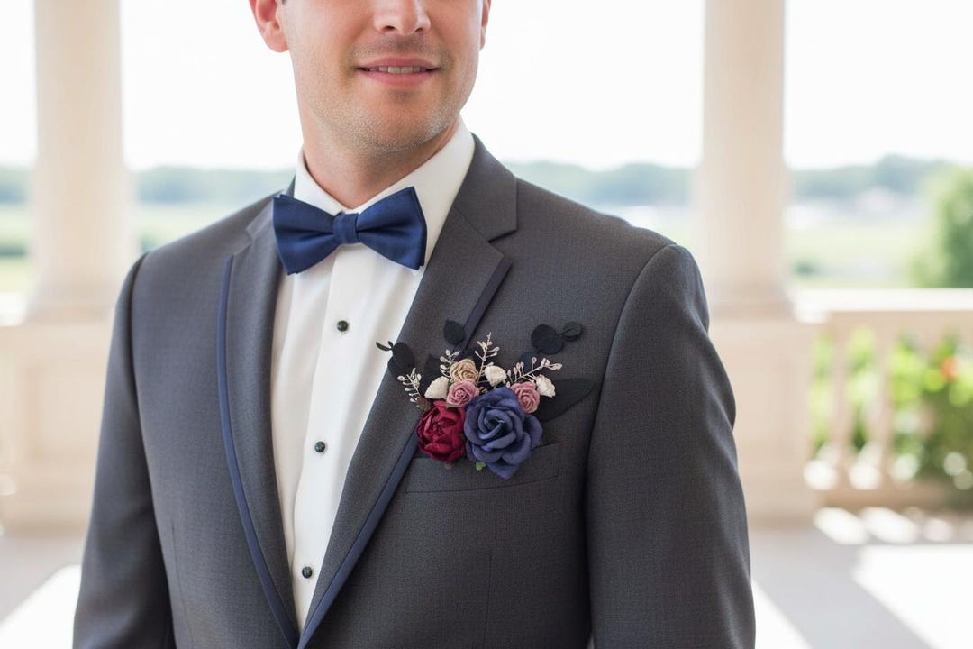 Handmade Navy & Burgundy Pocket Boutonniere: Wedding Groom Accessory - Etsy