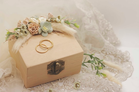 Caja de anillos de boda beige con flores verde aguamarina, Caja alianzas  boda vintage, Caja original alianzas boda chic, caja porta anillos de boda  -  México