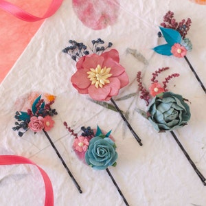 Magenta Flower Hair Clips: Teal Wedding Hair Pins