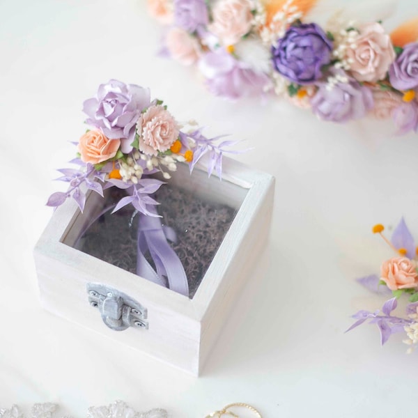 Elegant Wedding Ring Box with Lilac and Apricot Flowers, Handmade Ring Holder