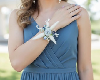 Blue Serenity & Navy Wrist Corsage | Bridesmaid, Prom, Wedding Floral Bracelet | Elegant Preserved Flowers