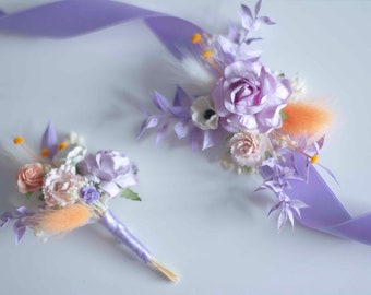 Lovely Lilac and Apricot Corsage and Boutonniere Set, Perfect for Proms and Weddings!