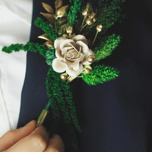 Gold and Green Wedding Boutonniere – Handmade Artificial Groom Pin with Rose and Foliage – Prom or Formal Event Boutonniere