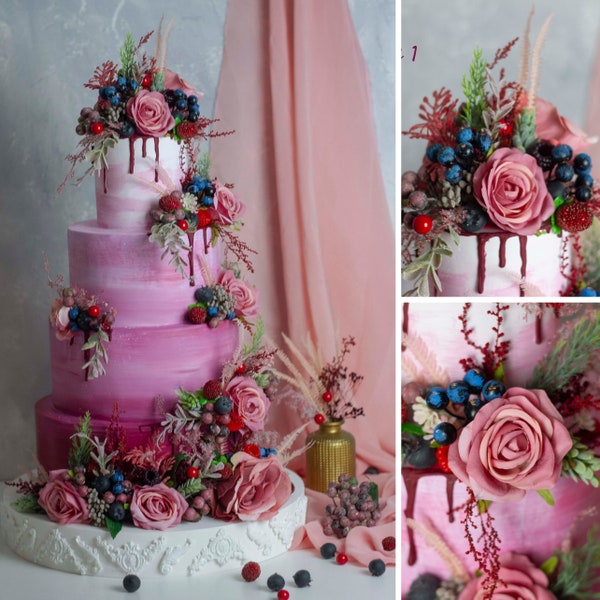 Vierstöckige Fake-Torte mit geschmolzener Fake-Schokolade, Fake-Hochzeitstorte, Deko-Cake-Cake in den Farben Kirsche und Rosa.