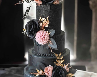 Black Wedding Cake Topper: Dark Floral & Gold Accent