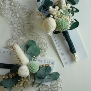 Dried Flower Boutonniere & Corsage Set, Boho Eucalyptus Wrist Corsage and Groom Pin, Green Ivory Rustic FLoral Accessories