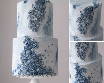 Faux blue wedding cake with flower decoration, faux wedding cake, 2 tier faux wedding cake, Blue flowers cake for wedding.