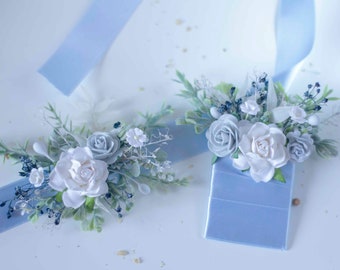 Greyish blue wedding boutonniere and corsage set, pocket corsage and boutonier set gift for bridesmaids and groomsmen Dusty blue corsage