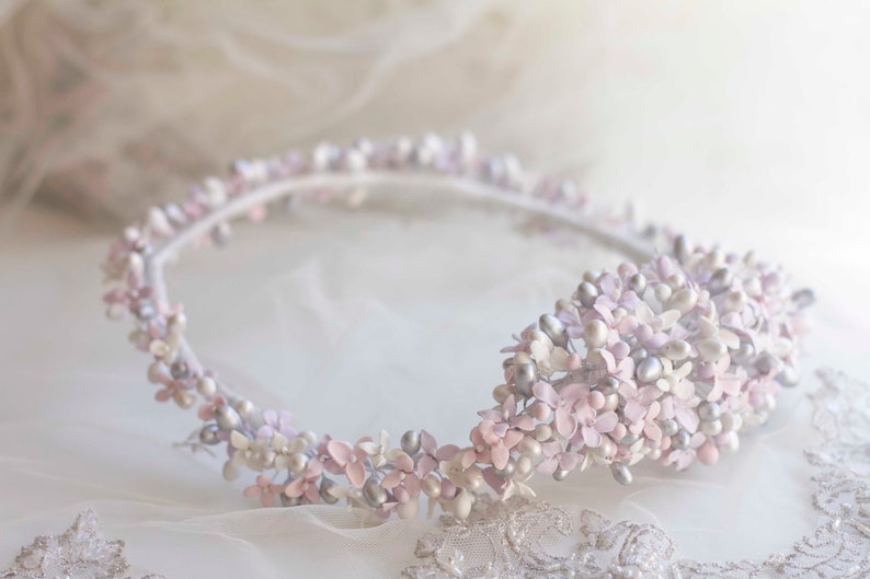 Flower crown for bride in cold porcelain lavender flowers, cold porcelain crown, exclusive and delicate bridal flower crown, silver crown image 9