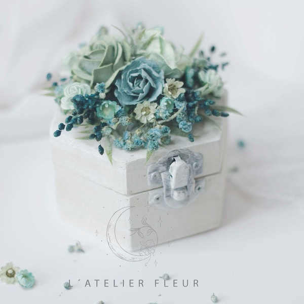 White wedding rings box with aqua green flowers.