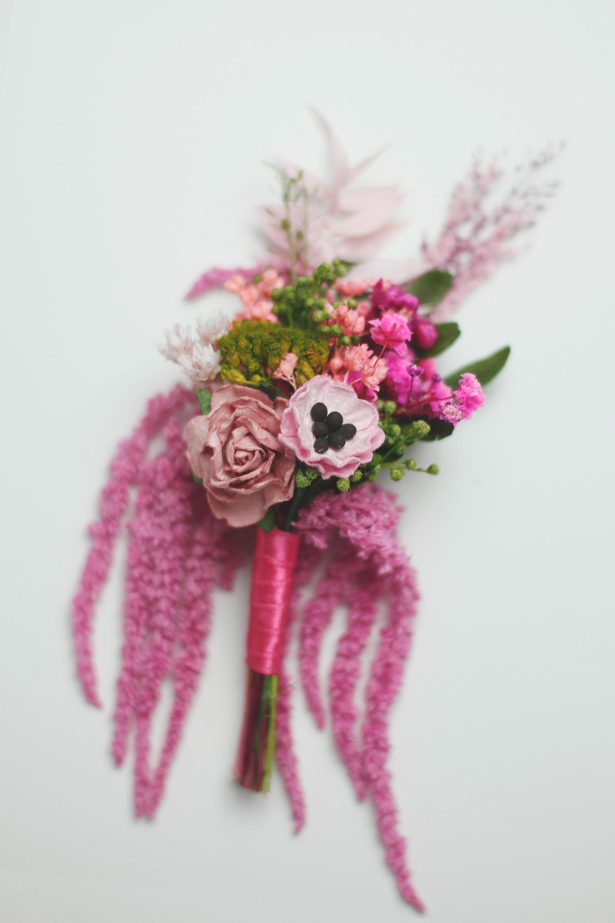 Pink Dried Flower Corsage Boutonniere Set: Boho Wedding 