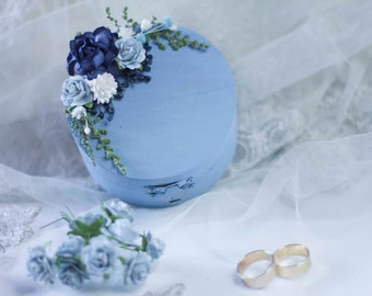 Blue serenity wedding ring box, flowers wedding ring box, wood wedding ring box, dusty blue wedding ring box.