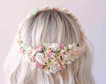 Couronne de fleurs de mariée délicate, Couronne de fleurs de mariée simple, Couronne de fleurs pastel de mariée, Couronne de fleurs artificielles, Couronne de fleurs séchées de mariée