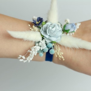 Blue Serenity & Navy Wrist Corsage | Bridesmaid, Prom, Wedding Floral Bracelet | Elegant Preserved Flowers