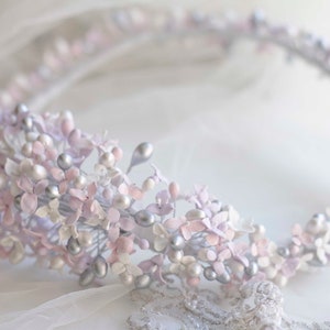 Flower crown for bride in cold porcelain lavender flowers, cold porcelain crown, exclusive and delicate bridal flower crown, silver crown image 1