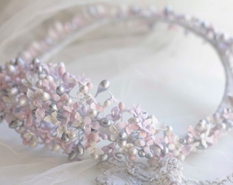 Flower crown for bride in cold porcelain lavender flowers, cold porcelain crown, exclusive and delicate bridal flower crown, silver crown