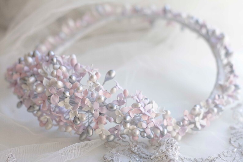 Flower crown for bride in cold porcelain lavender flowers, cold porcelain crown, exclusive and delicate bridal flower crown, silver crown image 1