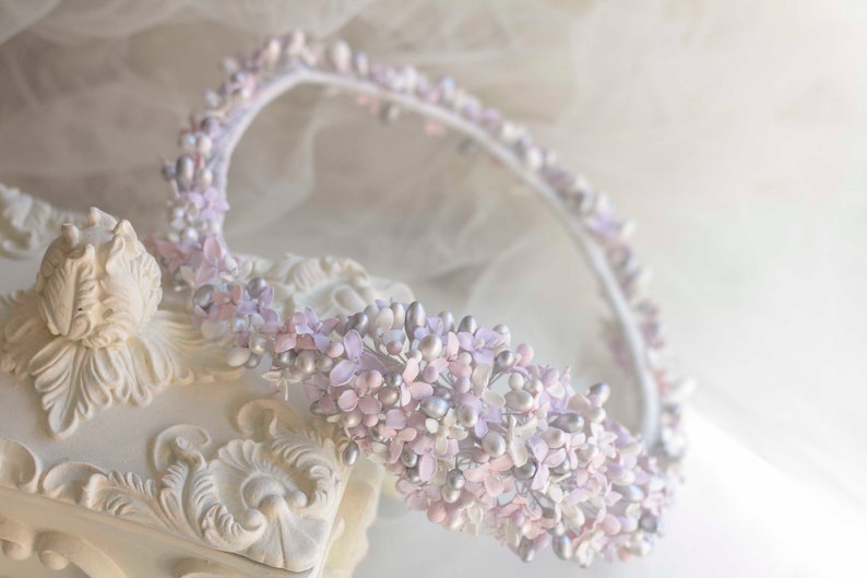 Flower crown for bride in cold porcelain lavender flowers, cold porcelain crown, exclusive and delicate bridal flower crown, silver crown image 6