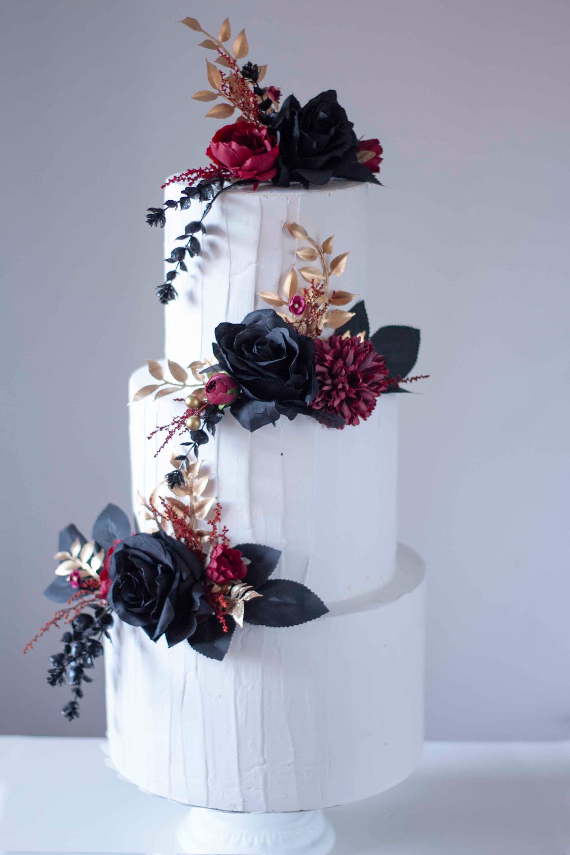 BLACK WEDDING CAKE Topper Dark Burgundy Gold Floral Cake Decor Halloween Wedding Cake Topper Set of 3 or Individual Custom Colors Etsy Canada