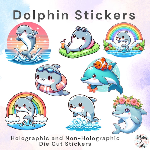 Dolphin Stickers | 8 DESIGNS plus HOLOGRAPHIC finish | WATERPROOF Die Cut Sticker | journal stickers, waterproof sticker, laptop sticker,