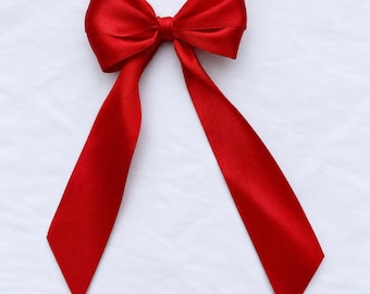 Handmade Large Red Satin Hair Bow with Long Tails | Alligator Clip - 16 Colours Available
