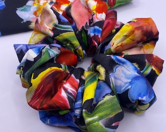 Oversized Scrunchie - Giant Handmade Floral Satin Scrunchie - XL Black and Multicolour Watercolour Style Large Floral Print - XL SIZE
