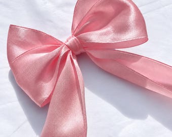 Handmade Large Baby Pink Satin Hair Bow | Long Tail Alligator Clip - 16 Colours Available