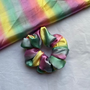 Pastel Rainbow Satin Scrunchie | silk scrunchie, rainbow scrunchie, rainbow satin, pastel scrunchies, gifts for her, pride scrunchies
