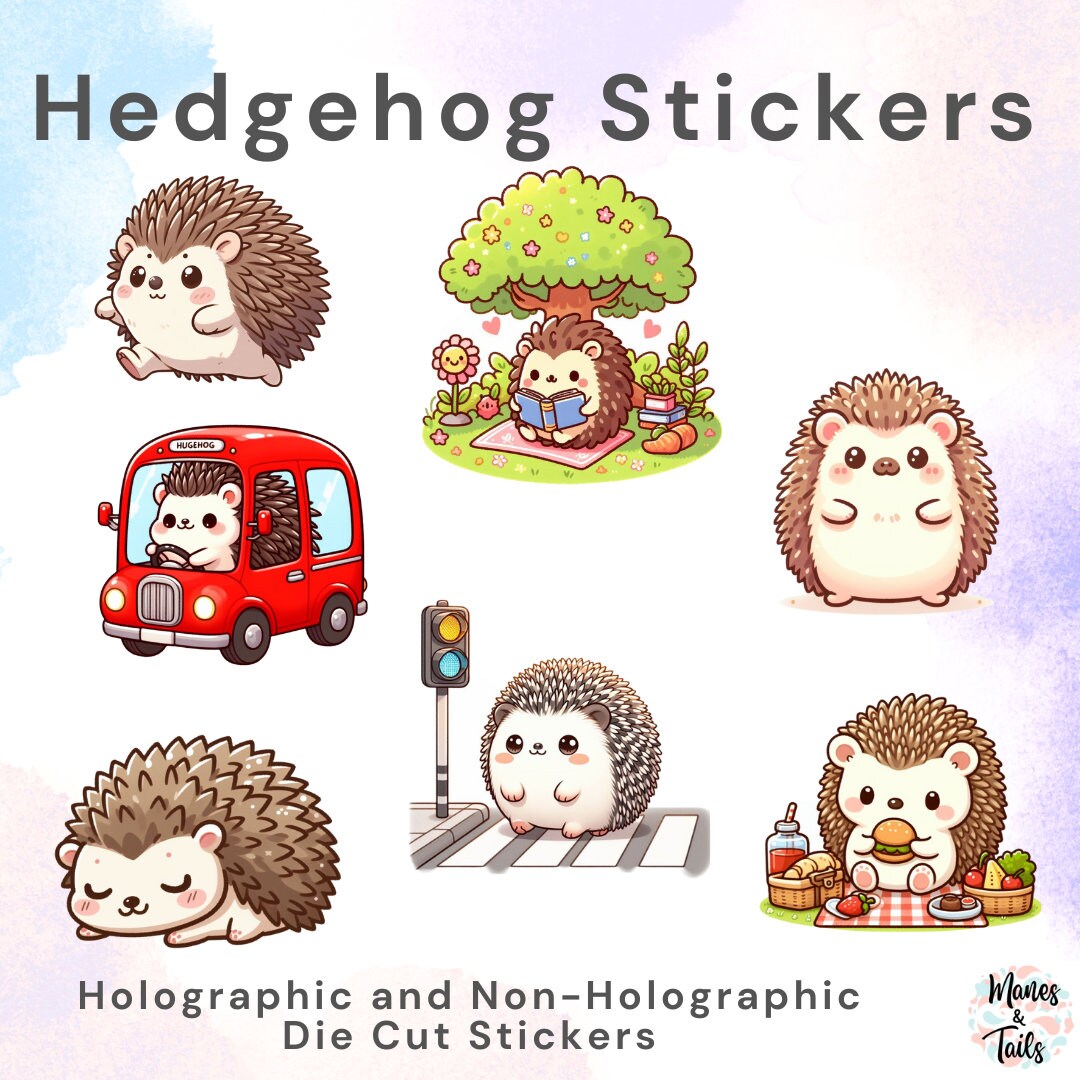 Hedgehog Stickers | 7 DESIGNS plus HOLOGRAPHIC finish | WATERPROOF Die Cut Sticker | journal stickers, waterproof sticker, laptop sticker,