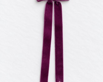 Handmade Grape Velvet Hair Bow Clip | Long Tail Ribbon, Handmade Accessory - 18 Colours Available
