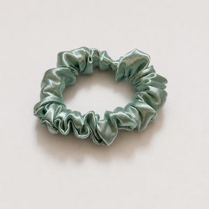 Op de afbeelding: Een saliegroene haarelastiek gemaakt van een gladde, glanzende satijnen stof. Het accessoire heeft een geplooid, gerimpeld ontwerp met een cirkelvormige elastische band aan de binnenkant, wat zorgt voor een zachte, volumineuze textuur.