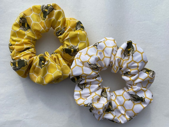 Yellow Bee Scrunchies | Bee scrunchies, bee gifts, scrunchies, honeycomb scrunchies, yellow scrunchies, gifts for bee lovers, bee print