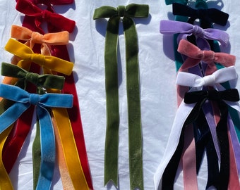 Olive Green Long Tail Velvet Hair Ribbon | 18 Colours Available | hair bow, hair bow clip, ribbon bow, ribbon hair bow, ladies hair bows