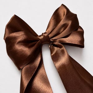 XL Chocolate Brown Satin Hair Bow with Long Tails – Alligator Clip, Handmade