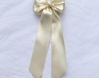 Handmade Cream White Satin Hair Bow with Long Tails | Alligator Clip - 16 Colours Available