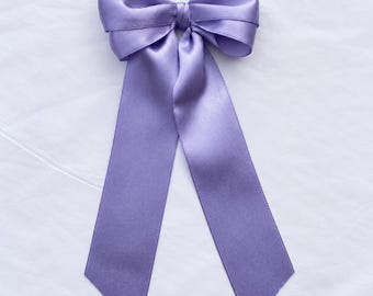 Handmade Large Lilac Satin Hair Bow with Long Tails | Alligator Clip - 16 Colours Available