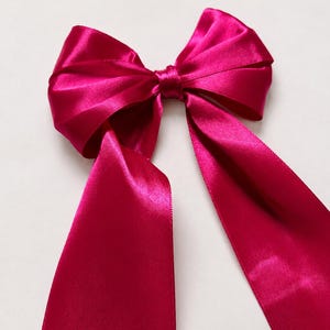XL Cerise Satin Hair Bow with Long Tails – Alligator Clip, Handmade