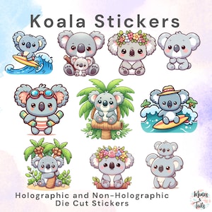 Koala Aufkleber | 10 DESIGNS plus HOLOGRAPHISCHES Finish | WASSERDICHTE gestanzte Aufkleber | Journal Aufkleber, wasserfester Aufkleber, Laptop Aufkleber,