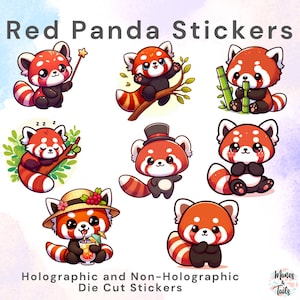 Etiquetas da panda vermelha de <br> Entrega Rápida? 8 DESIGNS mais acabamento HOLOGRÁFICO | Etiqueta cortada IMPERMEÁVEL | adesivos de diário, adesivo à prova d'água, adesivo para laptop,