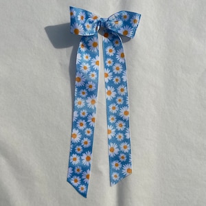 Blue Daisy Floral Long Tail Satin Hair Ribbon | large hair bow, hair bow clip, ribbon bow, ribbon hair bow, satin hair bow, floral hair bow