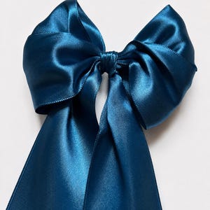 XL Light Navy Blue Satin Hair Bow with Long Tails – Alligator Clip, Handmade