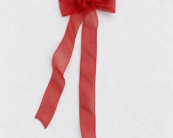 Handmade Red Sheer Satin Hair Bow | Long Tails, Alligator Clip (9 Colours)