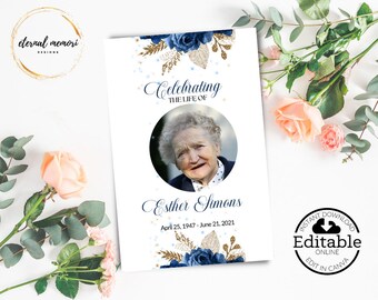 Memorial Service Template, Editable Funeral Program Template, Rose Pink and Gold Memorial ...
