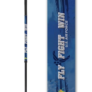 May include: A black walking stick with a blue and white design featuring the words "Fly Fight Win" and "U.S. Air Force".