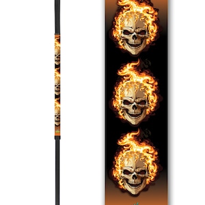 May include: A black walking stick with a skull and flames design. The design features three skulls with flames around them on an orange background. The text "Funky Moody" is at the bottom of the design.