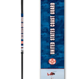 May include: A black walking stick with a United States Coast Guard design. The design features the Coast Guard emblem, a helicopter, and a boat. The text "UNITED STATES COAST GUARD" is printed on the stick.