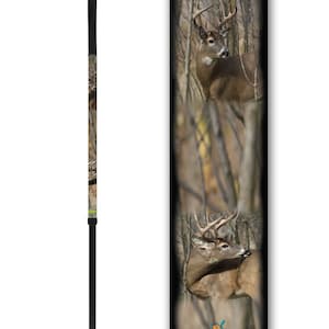 May include: A black walking stick with a camouflage design featuring a white-tailed deer. The stick has a curved handle and a tripod base. The design includes the text "Be Funky Mobility".